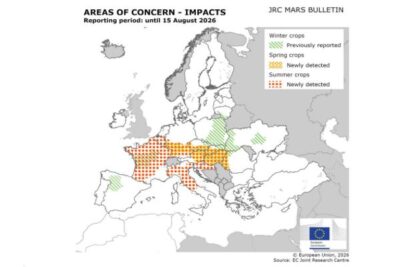 Francia e Italia, en rojo en el mapa europeo de cosechas de cultivos de verano